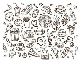 Set of fast food icons hand drawn in the doodle style.Vector illustration .Different types of fast food hand made.Brown lines on the white background vector