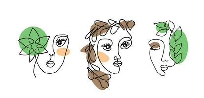 Girl's face in one line in color hand drawn in vector.Doodle style. vector