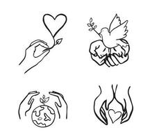 símbolos de el mundo de amabilidad y amor. paloma en mano. corazón en mano.manos proteger el planeta.paz a el mundo.manos participación un corazón.vector ilustración.doodle estilo. vector