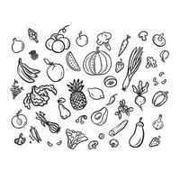 Vegetables and fruits doodle drawing set. Vegetables such as carrots, mushrooms, cucumbers, cabbage, potatoes, etc. hand drawn doodle vector illustrations in black isolated on white background.