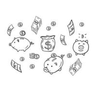 Money and coins doodles. Illustration of finance and currency. Sketch style drawing.Piggy bank.Dollars and euro for business. vector