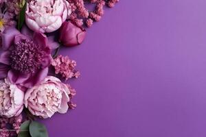 peonias, rosas en púrpura antecedentes con Copiar espacio. resumen natural floral marco diseño con texto espacio. romántico femenino composición. Boda invitación.. ai generativo foto