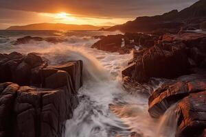 The waves are crashing over the rocks at sunset. photo