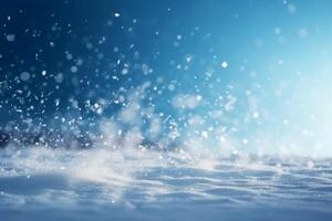 Winter snow background with snowdrifts, beautiful light and falling flakes of snow on blue sky, drifting snow. photo