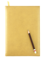 geel leer notitieboekje en potlood geïsoleerd met knipsel pad voor mockup png