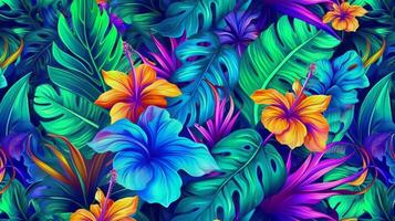 Jungle leaf pattern, hawaiian, hibiscus, neon bright colorful. photo