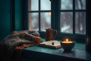 Christmas background. A cup of tea, books, a candle and a knitted scarf on the window background. photo