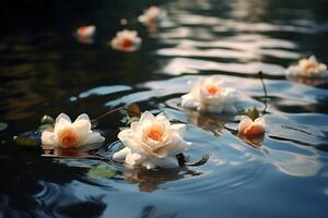 beautiful white and rose flowers floating in the lake. photo
