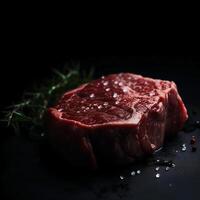 Fresh uncooked beef steak, black background. AI Generative photo