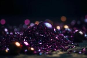 Sparkling Glitter abstract background dark purple saturated color, de - focused, macro. Sequins fall and sparkle, round bokeh. photo