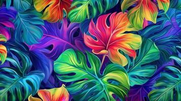 Jungle leaf pattern, hawaiian, hibiscus, neon bright colorful. photo