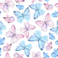 Cute butterflies hand drawn watercolor seamless pattern. Delicate blue and purple color butterflies, watercolor illustration png