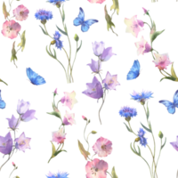 Watercolor seamless pattern of wildflowers, cornflowers, bells, butterflies png