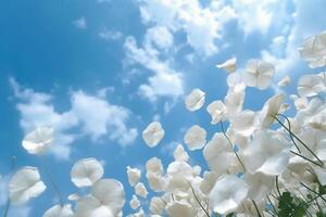 The white petals fall off with blurred clear blue sky and cloud. photo