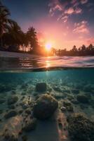 Photograph of beautiful inviting beach scene with pink sunset sky. photo