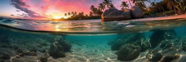 Photograph of beautiful inviting beach scene with pink sunset sky. photo