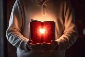 Man is holding and hugging the bible on his chest with atmosphere light. photo