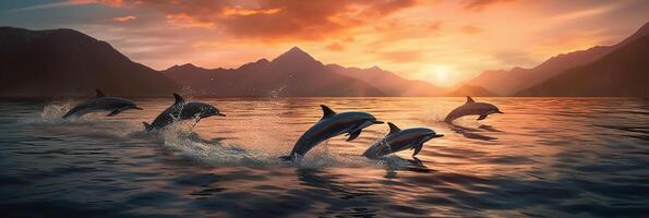 angle shot of a pod of dolphins leaping out of the water in unison with the backdrop of majestic mountains and a vibrant sunset. photo