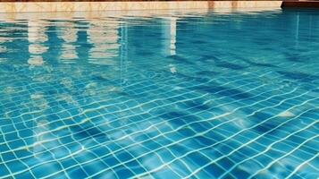 Empty poolside surface with summer travel hotel swimming pool background. photo