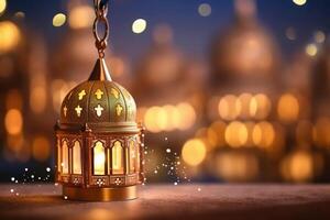 Original traditional ornate oriental lantern with beautiful bokeh of holiday lights and mosque in background. photo