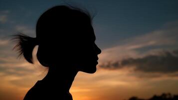 lado vista, silueta de el rostro, un persona, bajo ángulo, borroso Fresco amanecer cielo. ai generativo foto