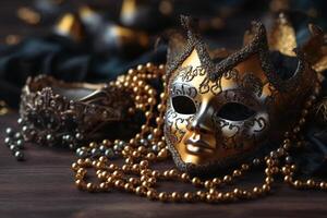 Venetian carnival mask and beads decoration. Mardi gras background. photo