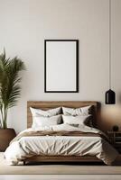 Blank white photo poster frame with black edge in modern, luxury beige brown bedroom, wood head board bed, gray blanket, pillow, bedside table, palm houseplant in sunlight.