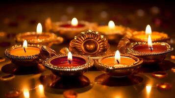 A Diya oil lamp, Diwali concept, blurred Hindu festival of lights celebration background. photo