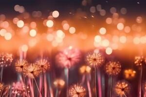 Gold and pink Fireworks and bokeh in New Year eve and copy space. Abstract background holiday. photo