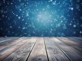 Winter snowy stage background with wooden flooring and Christmas lights on blue background, banner format, copy space. photo