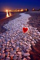 At night, the white beach is full of colorful glowing creatures and transparent glowing pebbles. photo