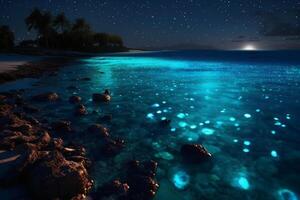 Ocean shore at night, the water is full of dinoflagellates, glowing with millions bright blue neon glow in the dark tiny dots. photo