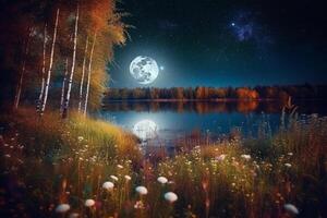 Night landscape environment harvest moon over a glittering lake lush vegetation birchwood trees, flowers, magical galaxy. photo