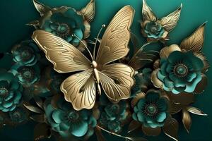 abstract floral background with green flowers and golden butterfly. photo
