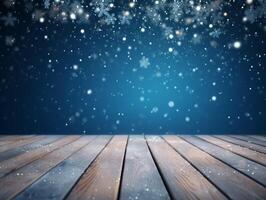 Winter snowy stage background with wooden flooring and Christmas lights on blue background, banner format, copy space. photo