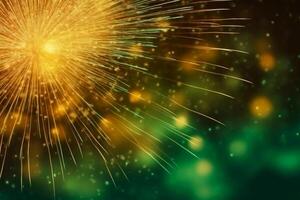 Gold and green Fireworks and bokeh in New Year eve and copy space. Abstract background holiday. photo