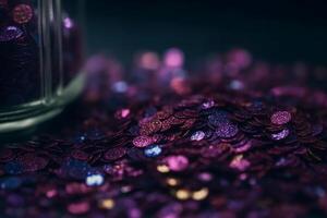 Sparkling Glitter abstract background dark purple saturated color, de - focused, macro. Sequins fall and sparkle, round bokeh. photo