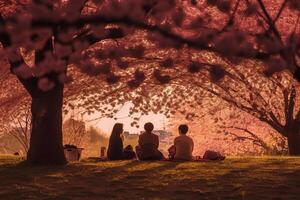 the silhouette of a family enjoying a picnic under a cherry blossom tree in sunset sky. photo