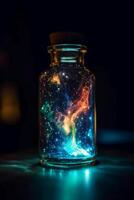 brillante galaxia en un vaso botella. ai generativo foto