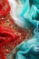 Teeny tiny tulle sparkles glam red and turquoise hd wallpaper, in the style of white, vibrant academia, poured, white and teal, psychedelic. photo