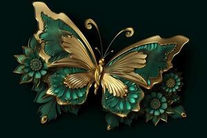 abstract floral background with green flowers and golden butterfly. photo