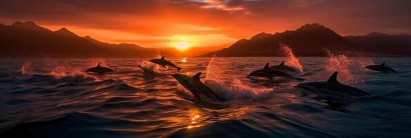angle shot of a pod of dolphins leaping out of the water in unison with the backdrop of majestic mountains and a vibrant sunset. AI generative photo