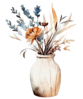 vas med torkades blommor sublimering vattenfärg t-shirt design, transparent bakgrund, ai genererad png