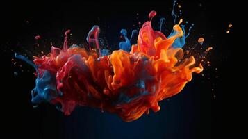 Paint drop. Ink water. Cold flame. Burning ice. Red orange blue color gradient glowing glitter fluid splash on dark black abstract art background. photo