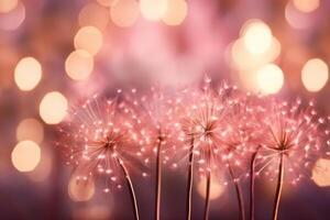 Gold and pink Fireworks and bokeh in New Year eve and copy space. Abstract background holiday. photo