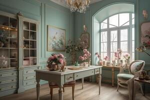 Luxurious office, in the style of light pastel colors, hand. photo