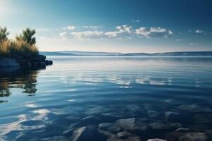 un escena en cuales el todo ligero azul cielo es reflejado en el agua. ai generativo foto