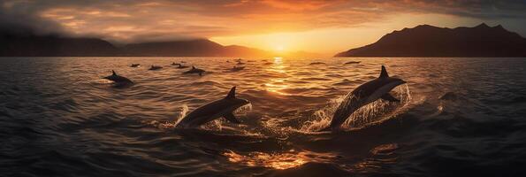angle shot of a pod of dolphins leaping out of the water in unison with the backdrop of majestic mountains and a vibrant sunset. photo