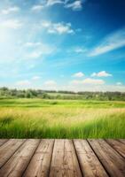 primavera verano hermosa antecedentes con verde jugoso joven césped y vacío de madera mesa en naturaleza exterior. natural modelo paisaje con azul cielo y Dom. ai generativo foto