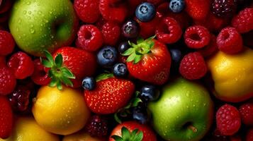 Juicy fruits top view background. photo